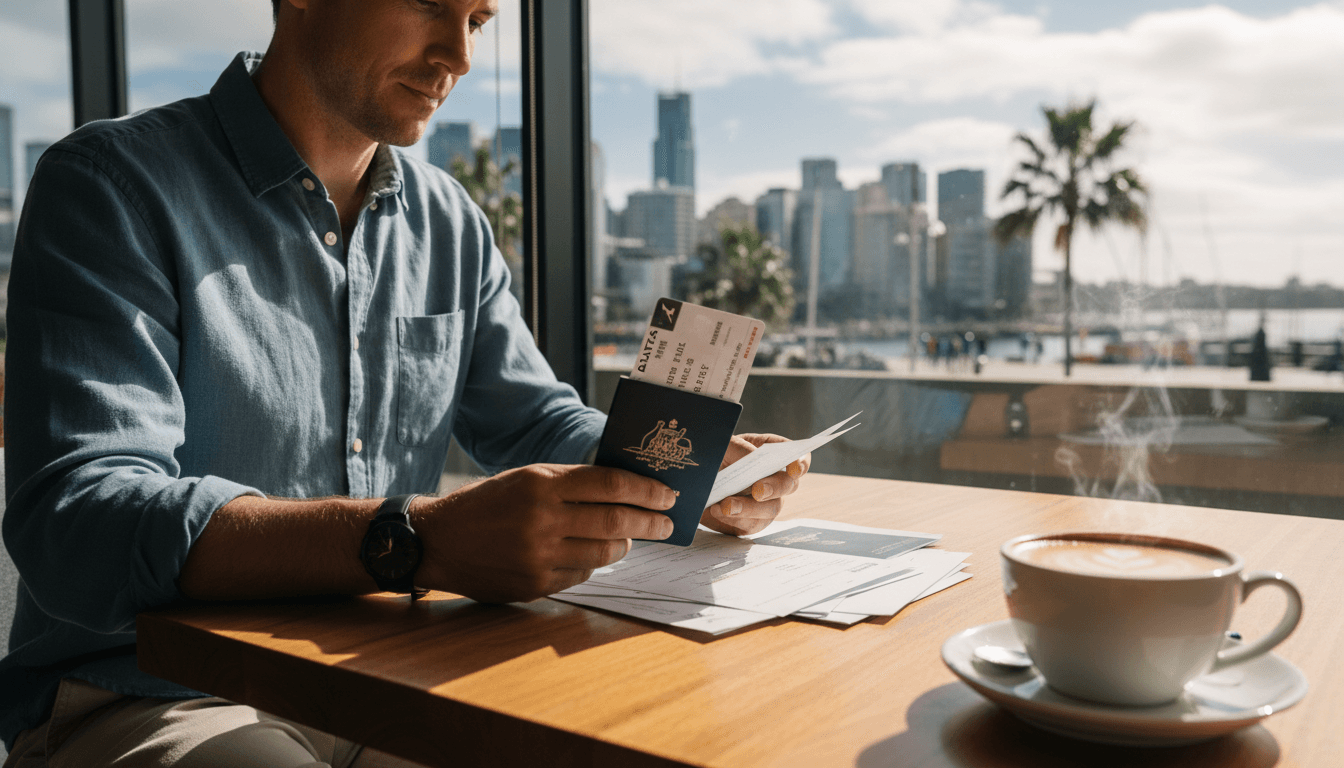 Traveler reviewing passport and travel documents at a sunlit cafe table