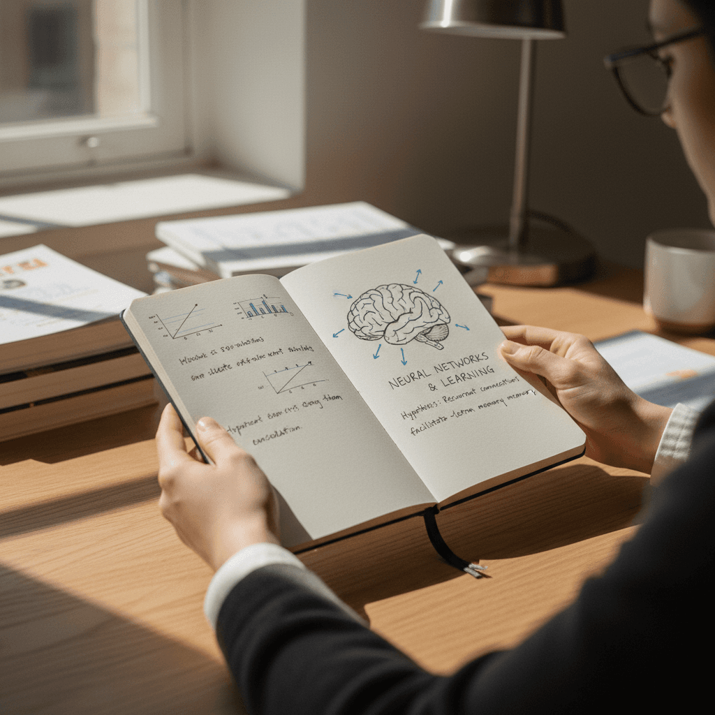 Structured notes and planning on a workspace desk