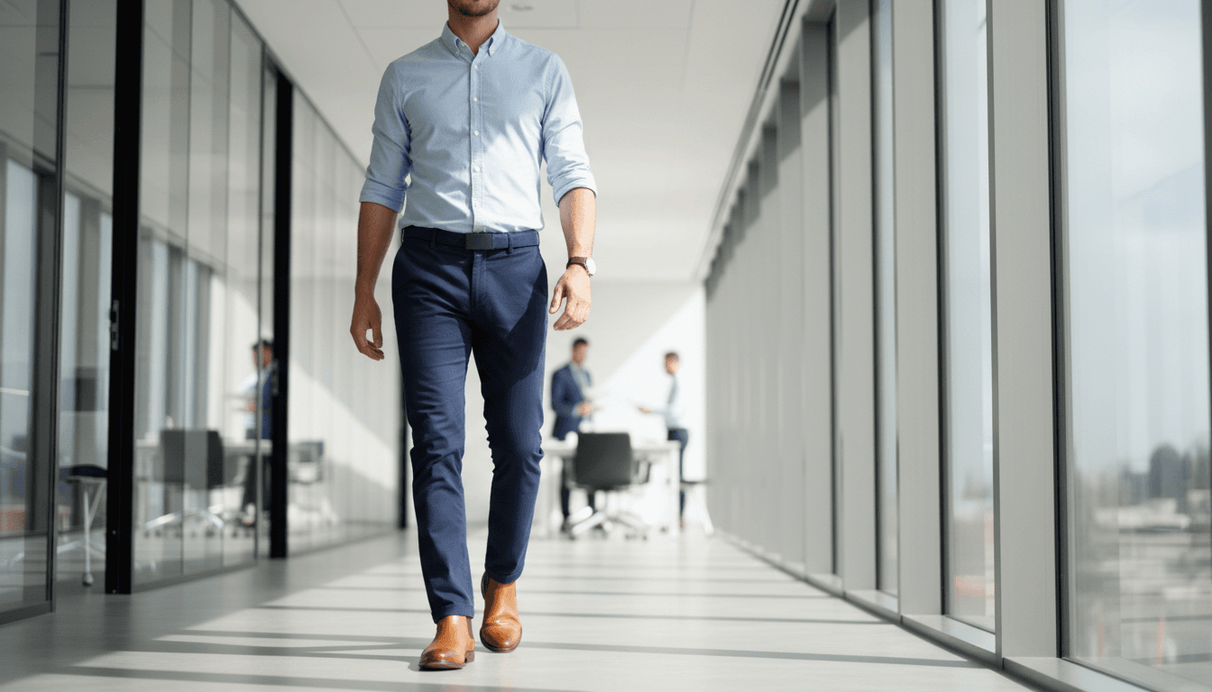 Professional walking with purpose through modern workspace