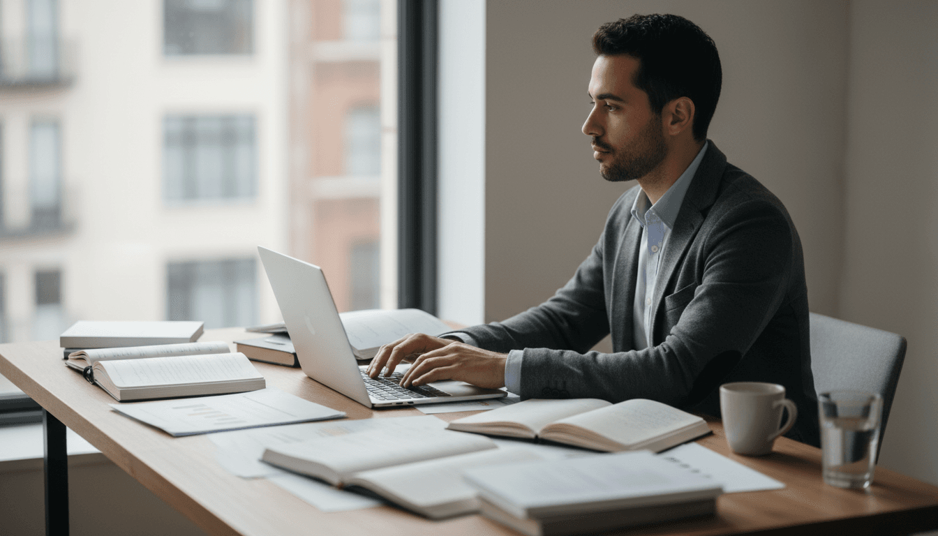 Professional man at desk thinking clearly, looking out window with intentional focus