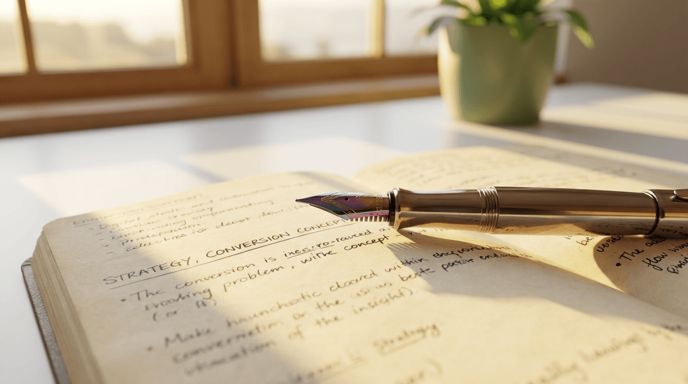 Notebook and pen on a wooden desk in natural light