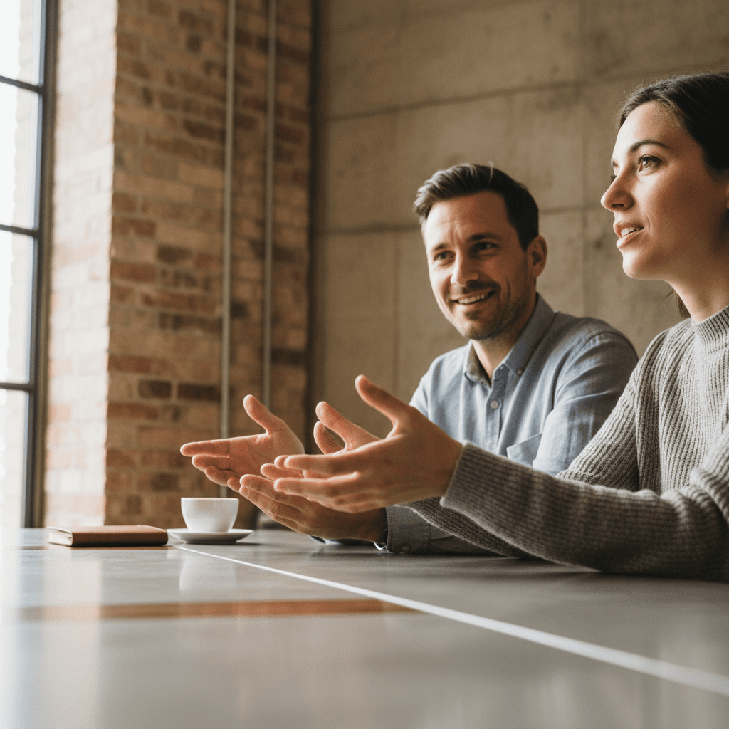 Two professionals in thoughtful conversation across a table